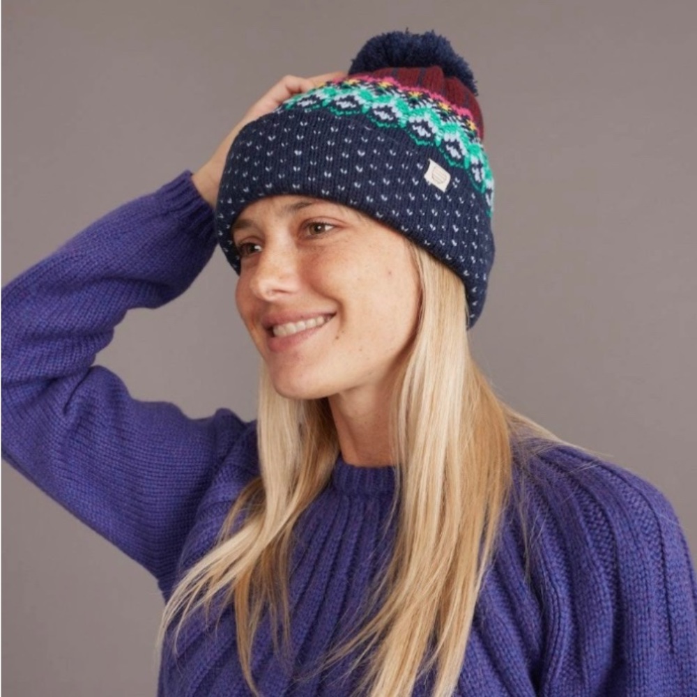 Marine Layer x LF Fair Isle Beanie Knit Hat Pom Pom Navy Patterned NWT - Picture 3 of 9